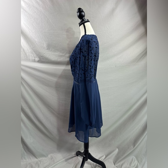 Guipure Lace Insert Lantern Sleeve Chiffon Dress Blue - Picture 11 of 12